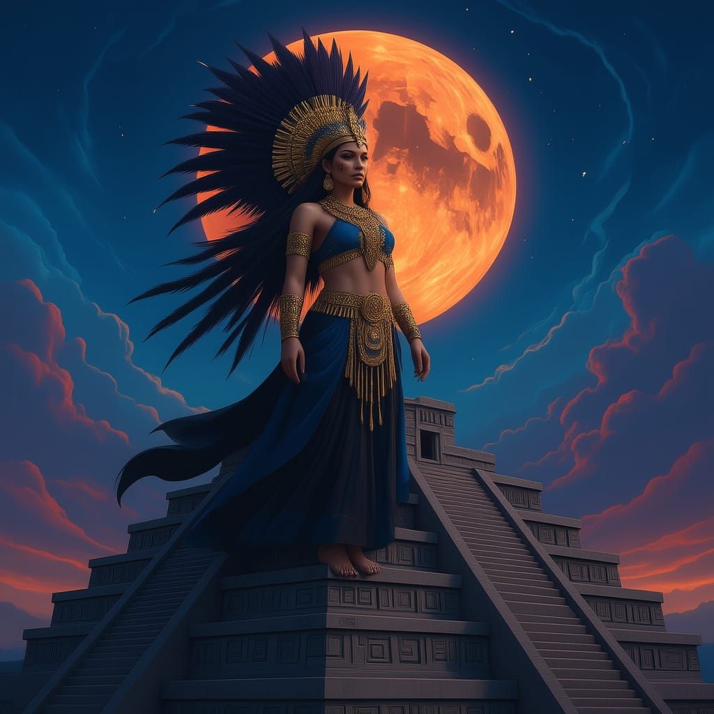 Aztec Goddess on Pyramid During Lunar Eclipse
