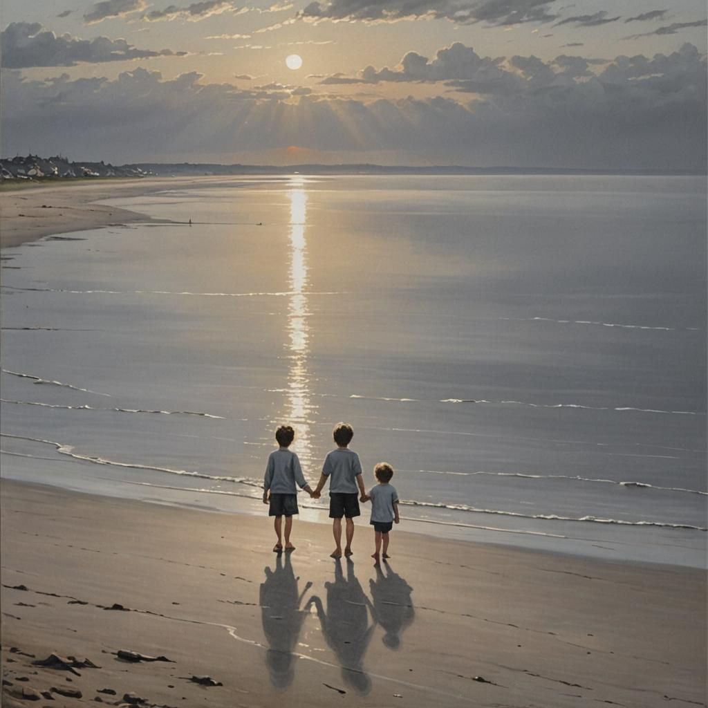 Children on Beach at Sunset in Photorealistic Style