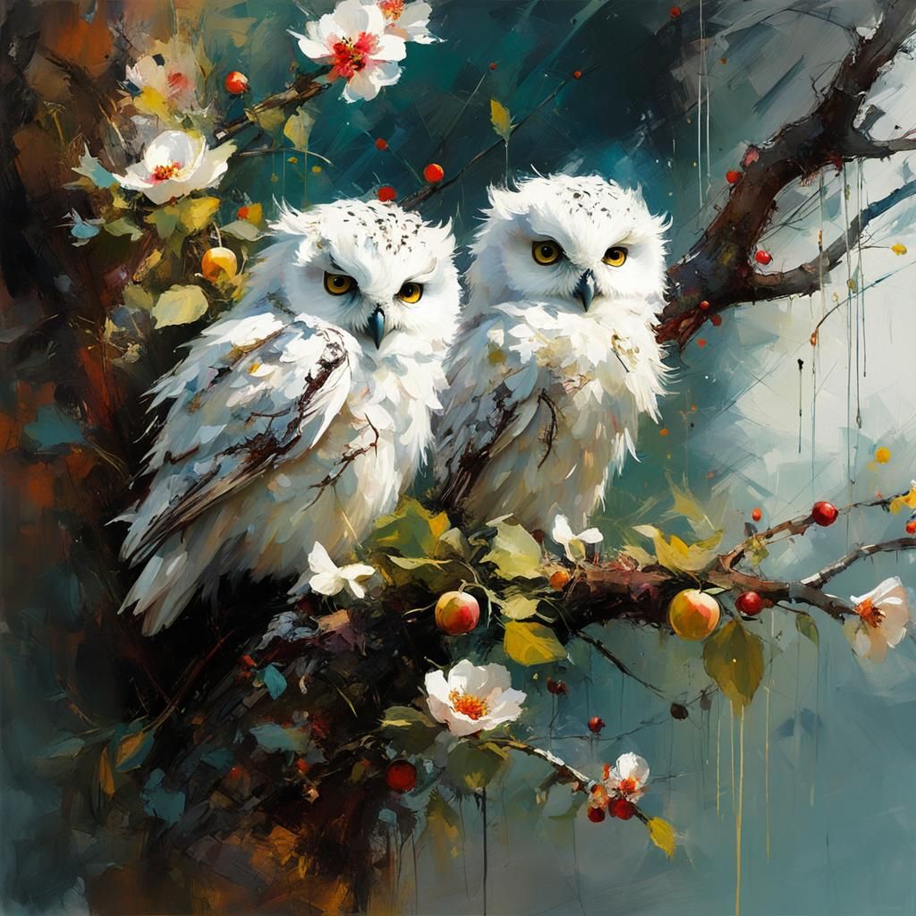 Baby Owls on Blossoming Apple Tree: Matte Painting