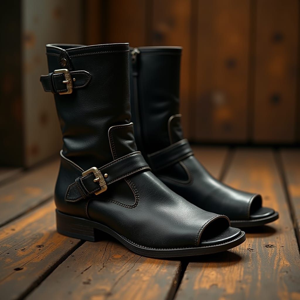 Worn Black Leather Boots in Dark Fantasy Style