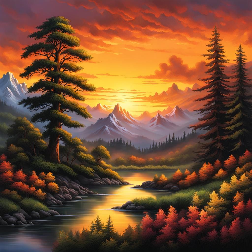 Sunset Landscape in Bob Ross Style