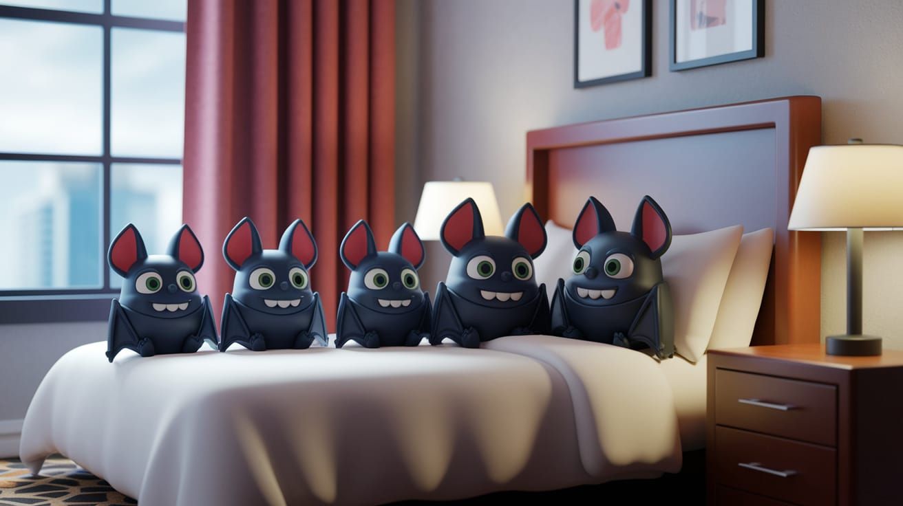 Cartoon Bat Colony Watches TV in Hotel