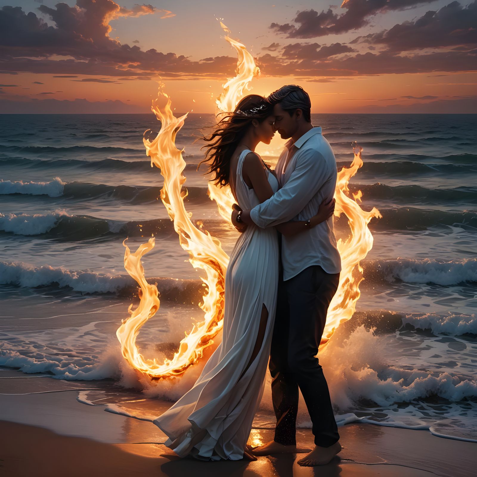 Ethereal Sunset Embrace in a White Flame