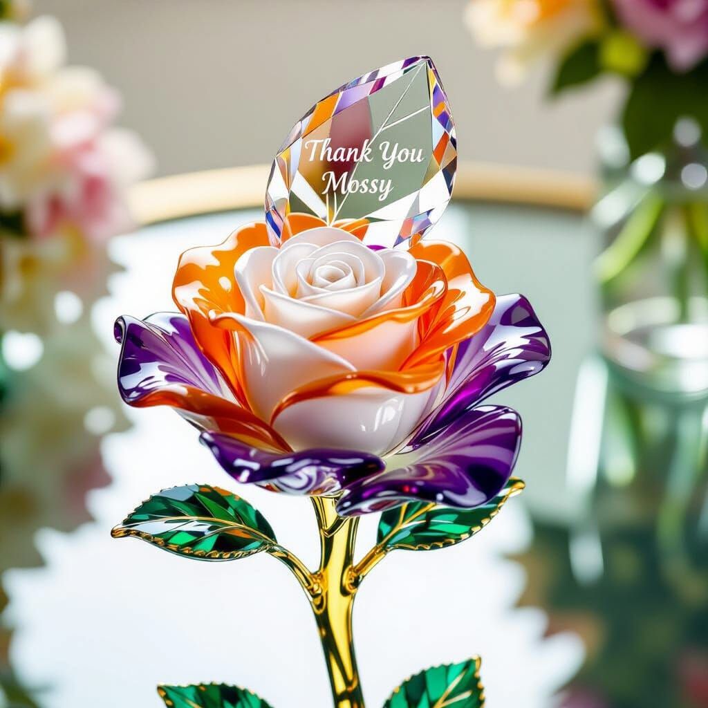 Elegant Glass Rose Statue with Crystal Leaf