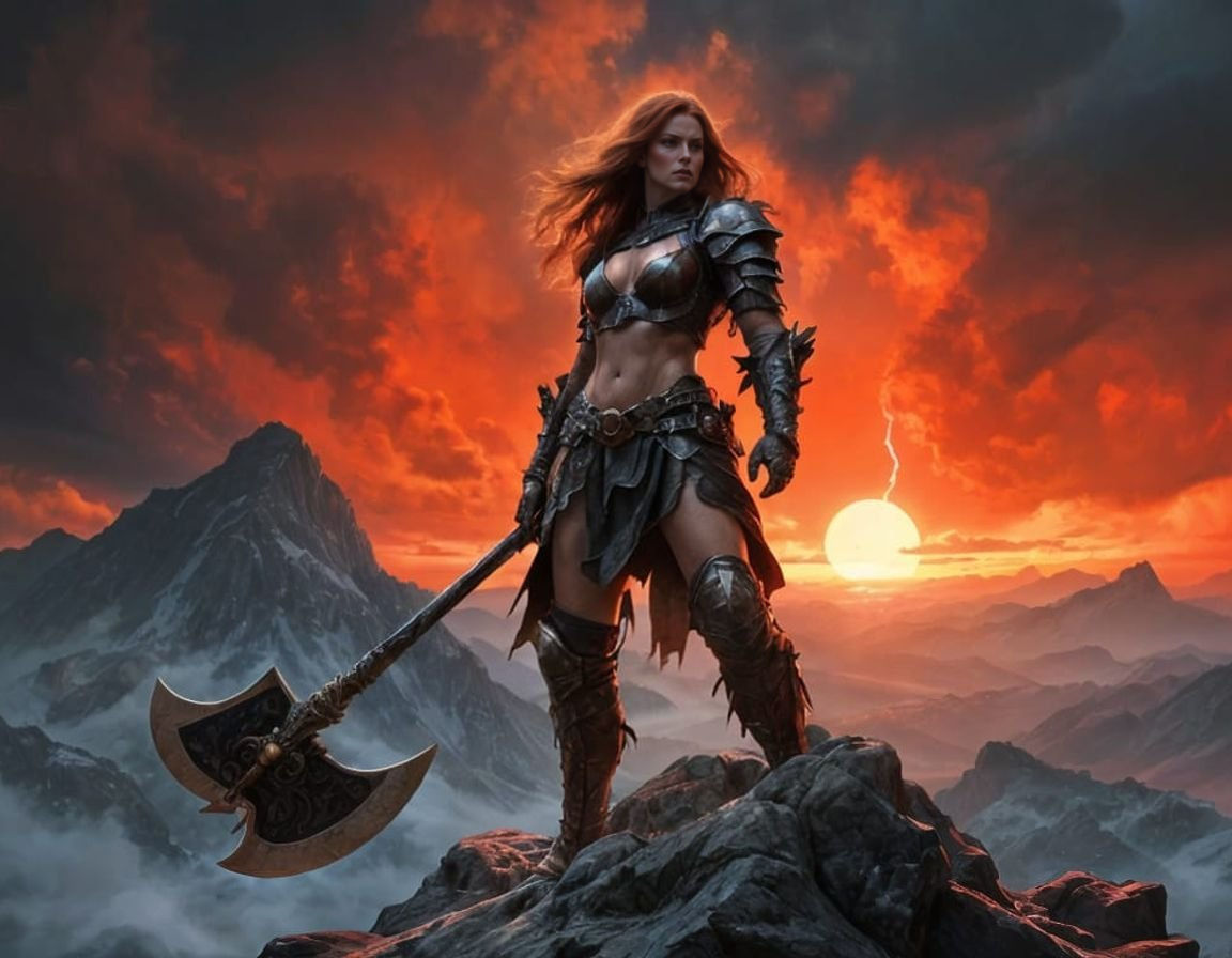 Warrior Woman on Mountain Peak at Sunset
