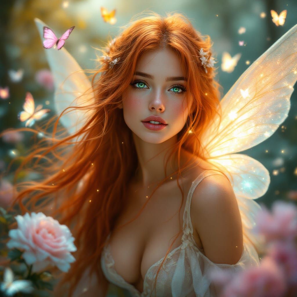 Red-Haired Fairy with Emerald Eyes and Glittering Wings