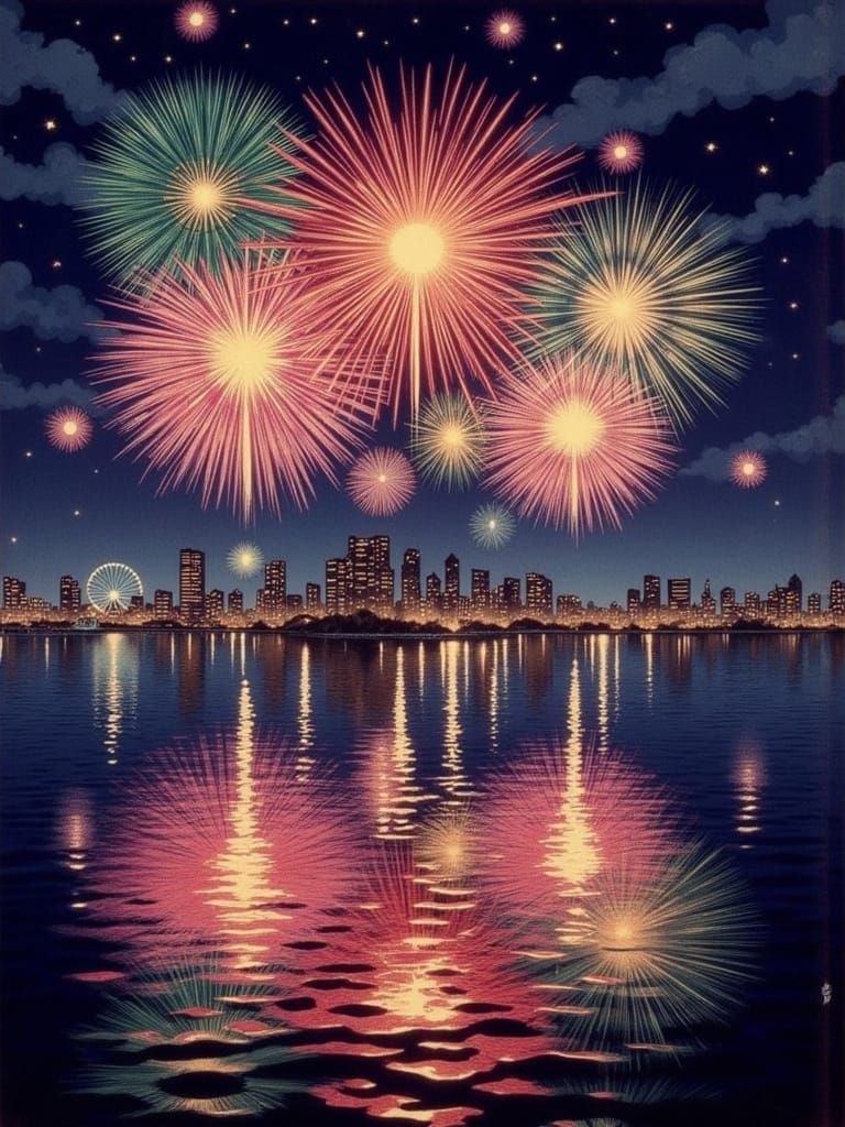 横浜の花火‥Yokohama no hanabi‥New Year Fireworks reflecting across the bay