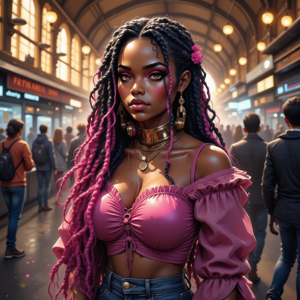 Y2K Fashion Icon in Urban Station, Photorealistic