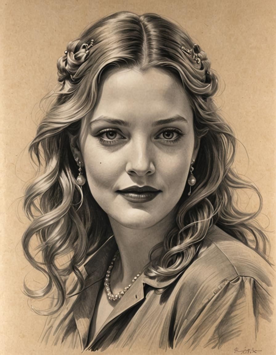 Pencil drawing of actress Drew Barrymore in the style of Joh...