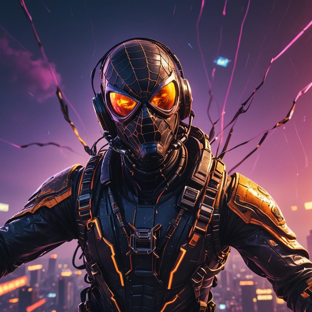 Metallic Spider Skydiving in Dystopian Neon Concept Art