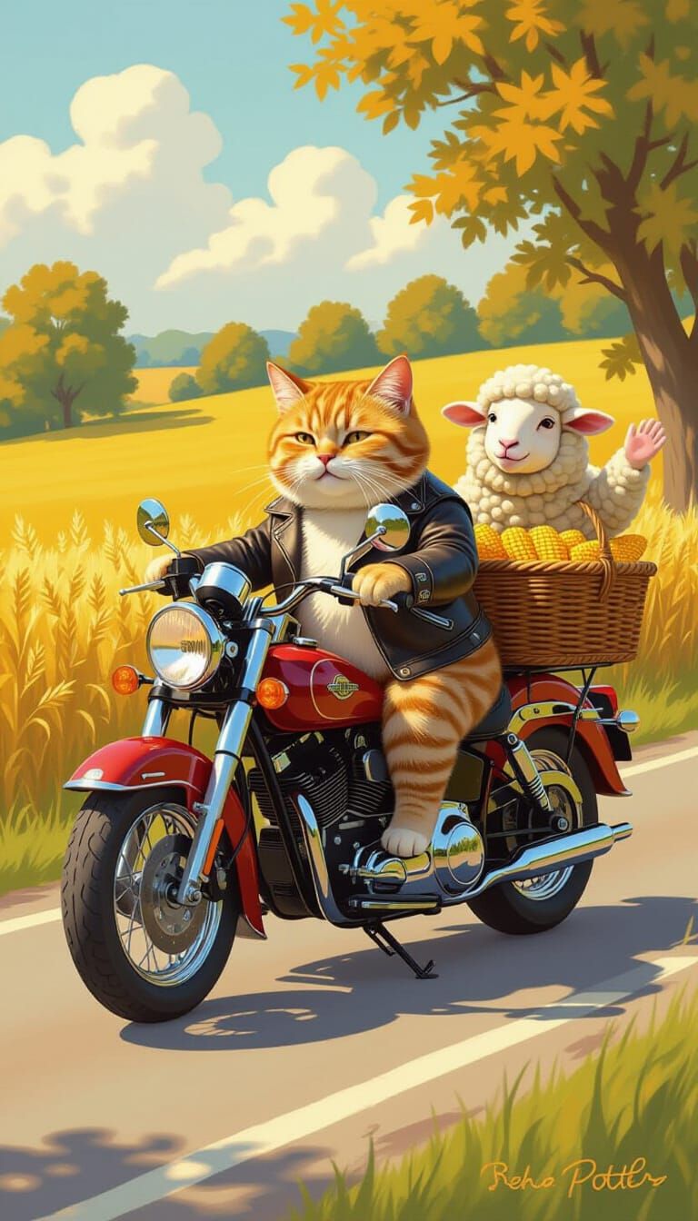 Chubby Orange Cat Rides Motorcycle With Sheep Friend