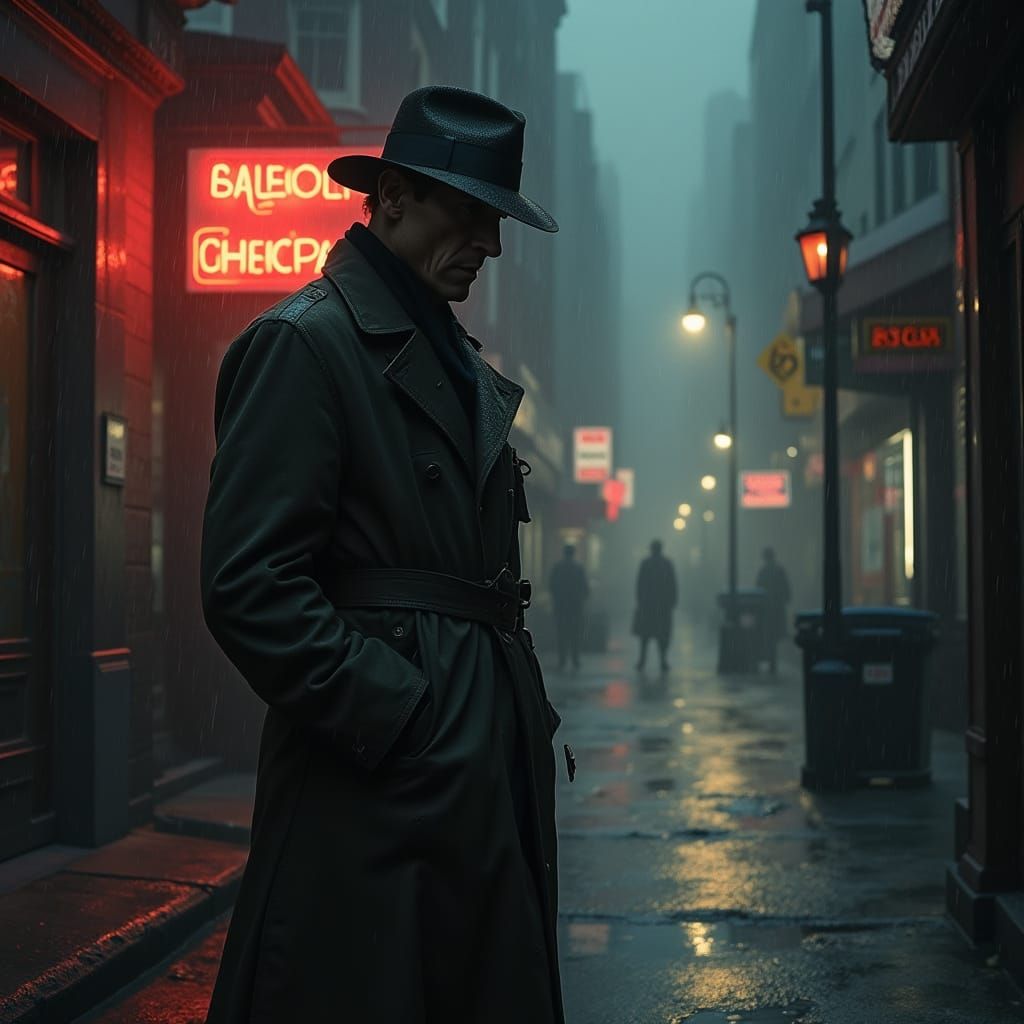 Film Noir Detective in Rainy Cityscape