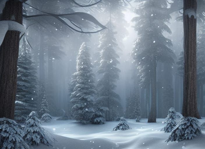 Winter Forest Fantasy Artwork in Volumetric Lighting