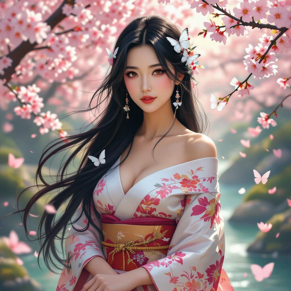 Japanese Woman in Cherry Garden, Romantic Photorealistic Sty...