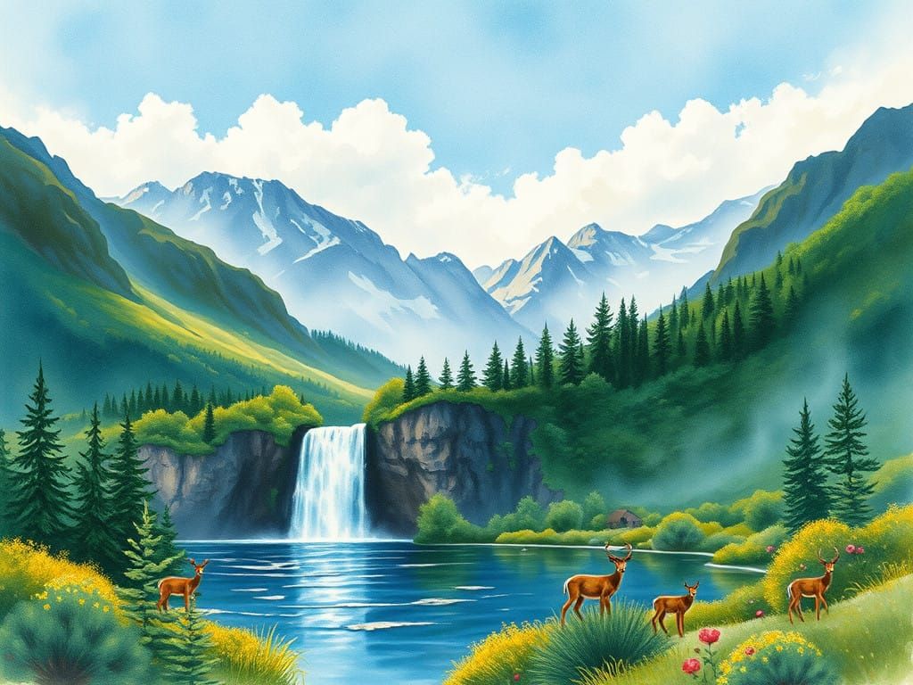 Watercolour Landscape with Majestic Mountains and Lush Veget...