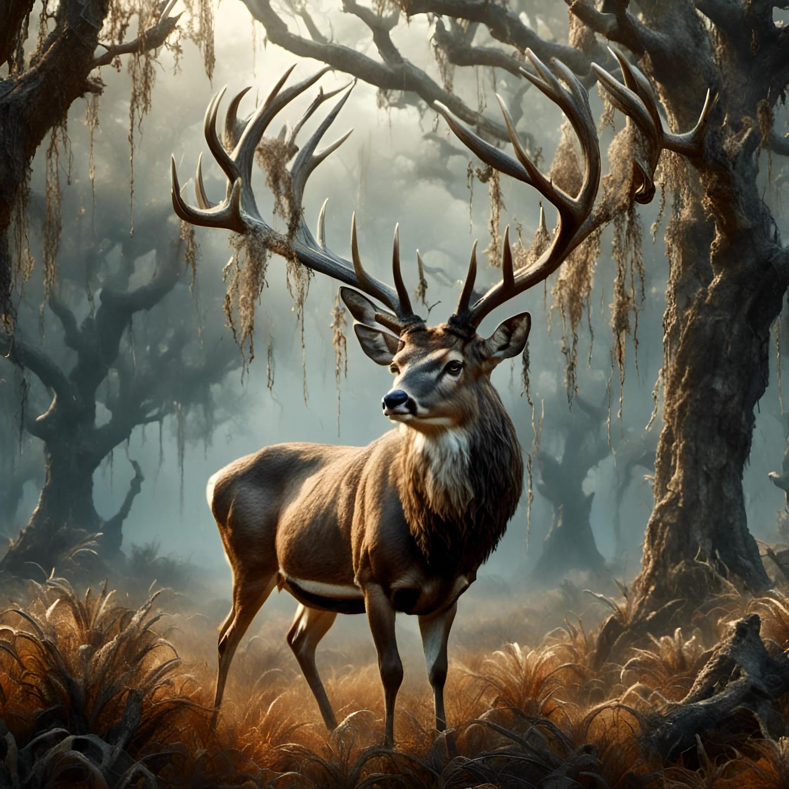 Whitetail Buck in Foggy Field with Spanish Moss