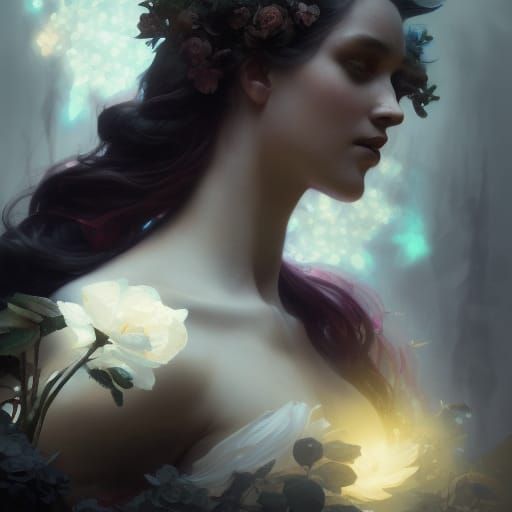 Persephone in the Underworld with Black Roses