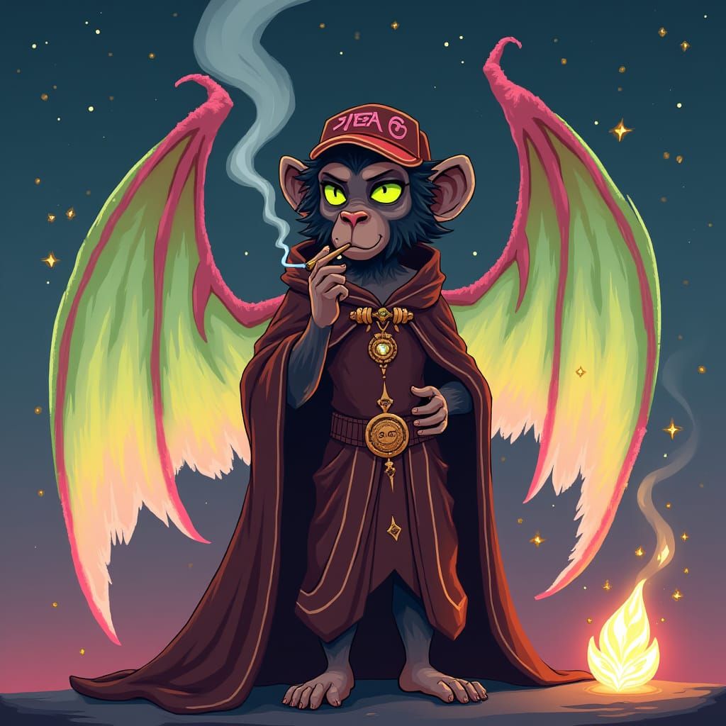 Primate Woman with Glowing Wings in Twilight Sky
