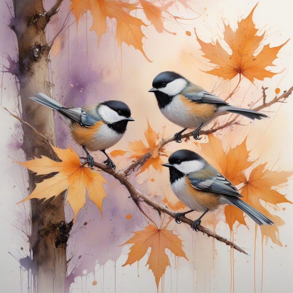 Chickadees on Maple Branch in Watercolor Style