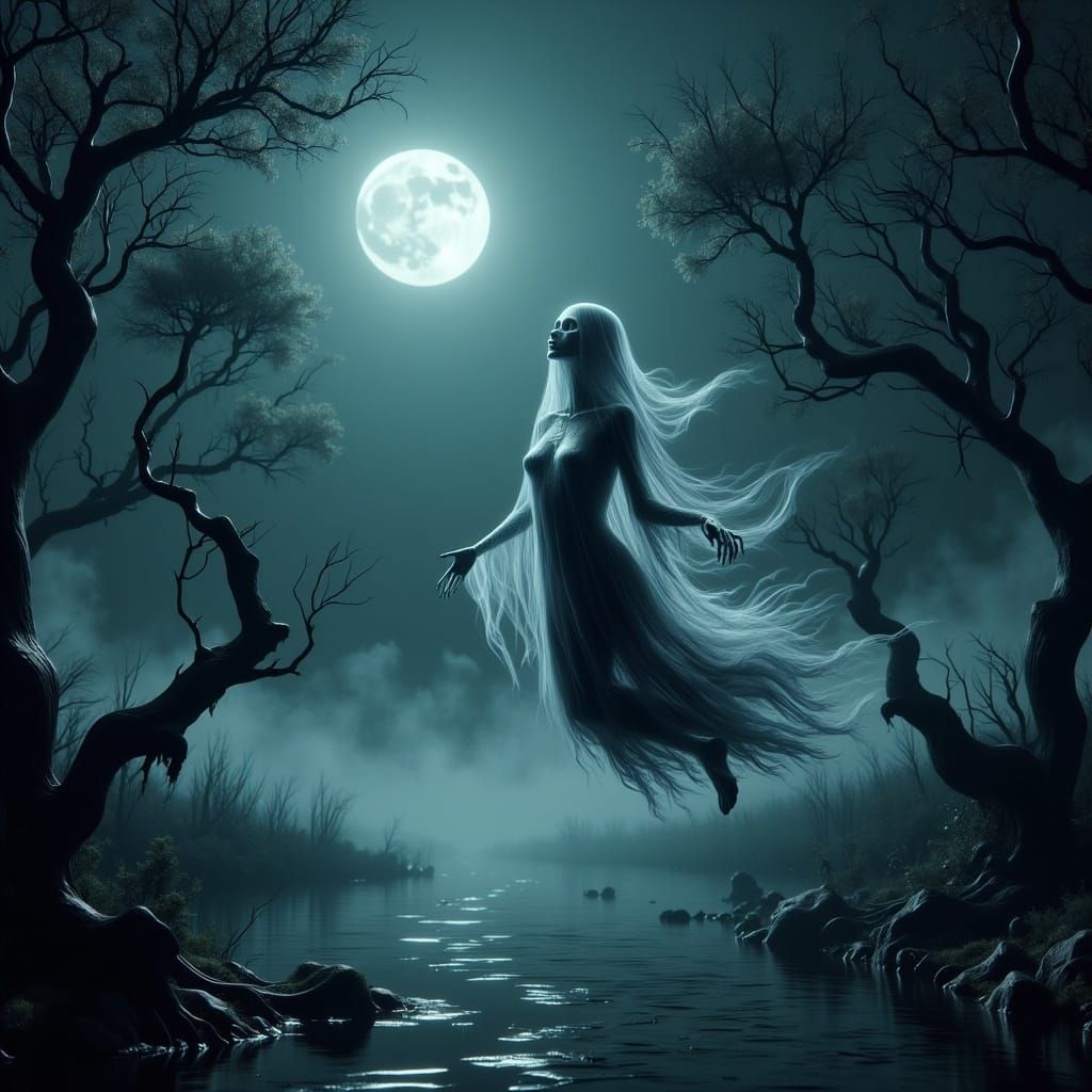 Ghostly Milady Haunts the River Lys under a Blood Moon