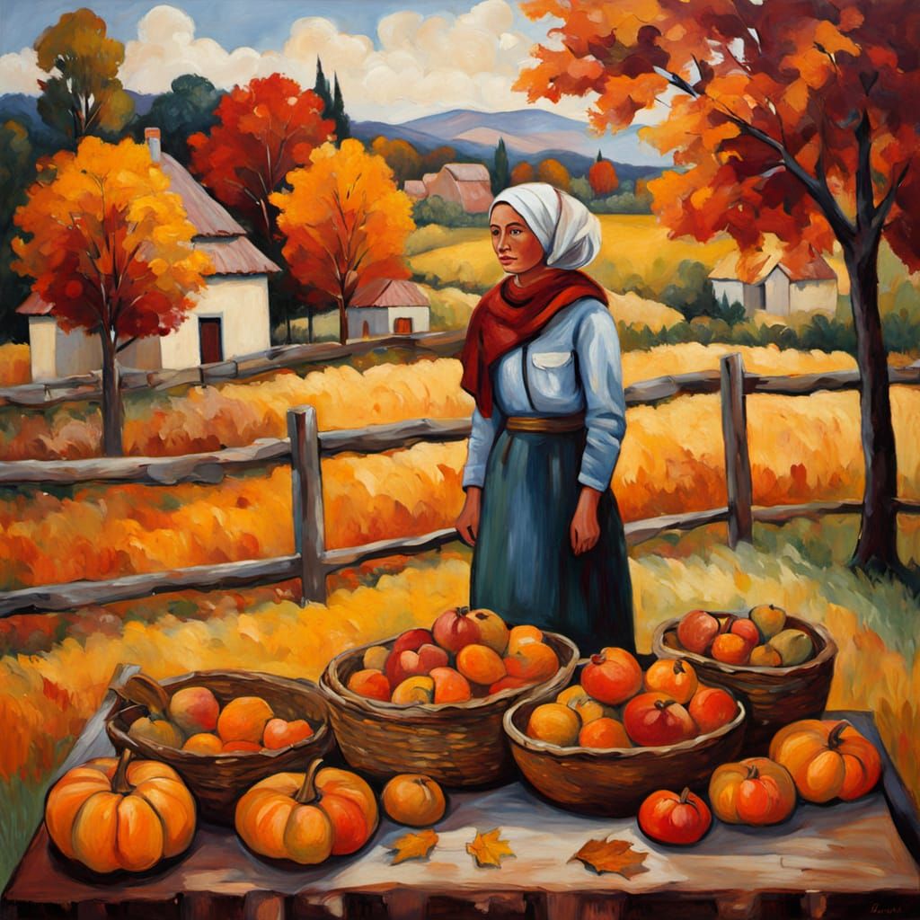 Fauvist Autumn Harvest Feast in Rustic Yard