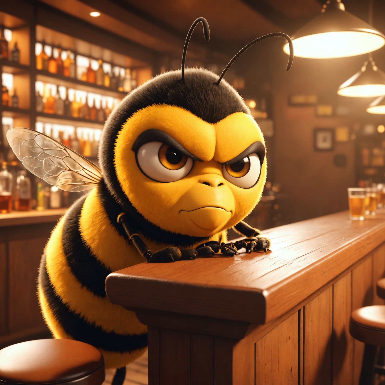Grumpy Cartoon Bee at a Bar