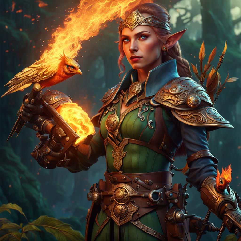 Elf Artificer Druid with Mechanical Bird, Fantasy Art