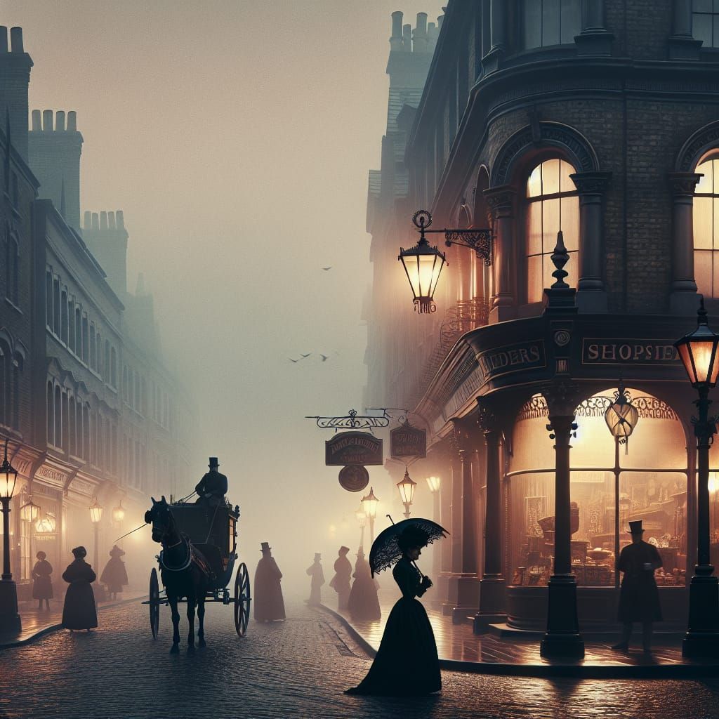 Misty London Street Scene, 1880s Twilight