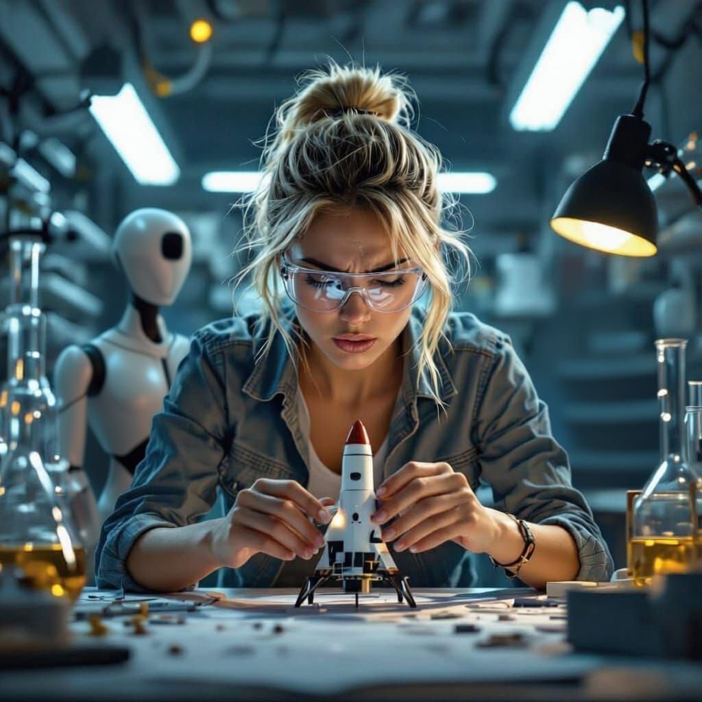 Frustrated Woman Building Rocket Model in Lab