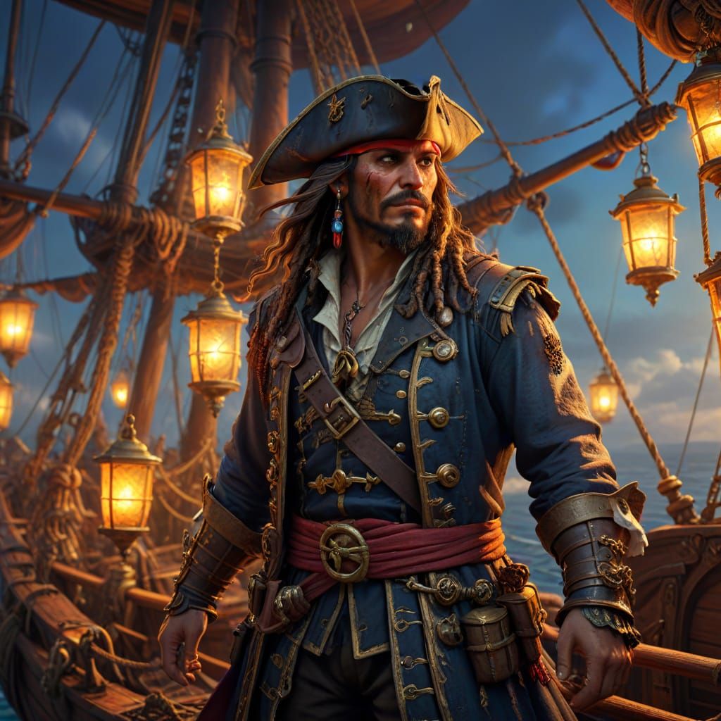 Pirate Captain on Ship Deck, Vibrant Oil Painting