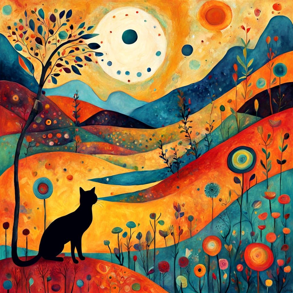 Curious Cat in Whimsical Landscape Digital Painting
