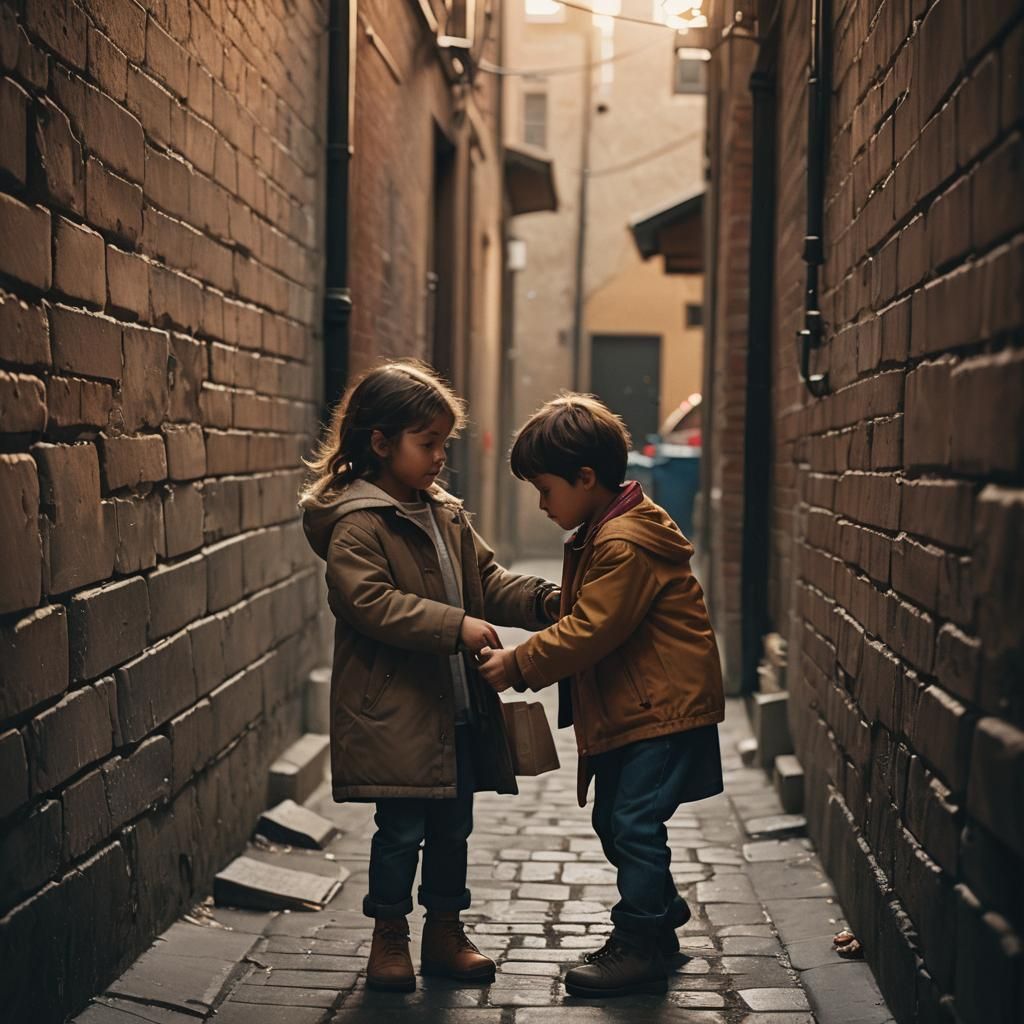 Child Helping in Dim Alleyway: Cinematic Film Still