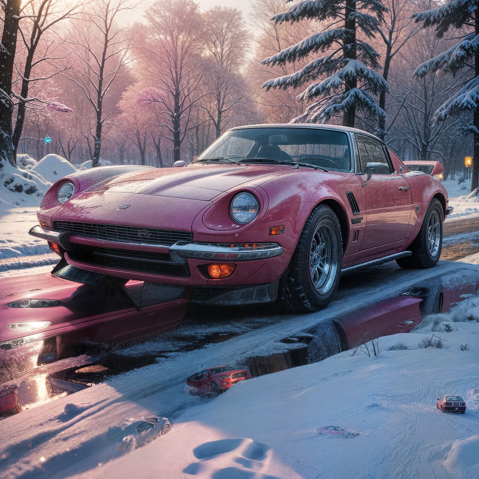 Sleek Pink Sports Car in Winter Wonderland
