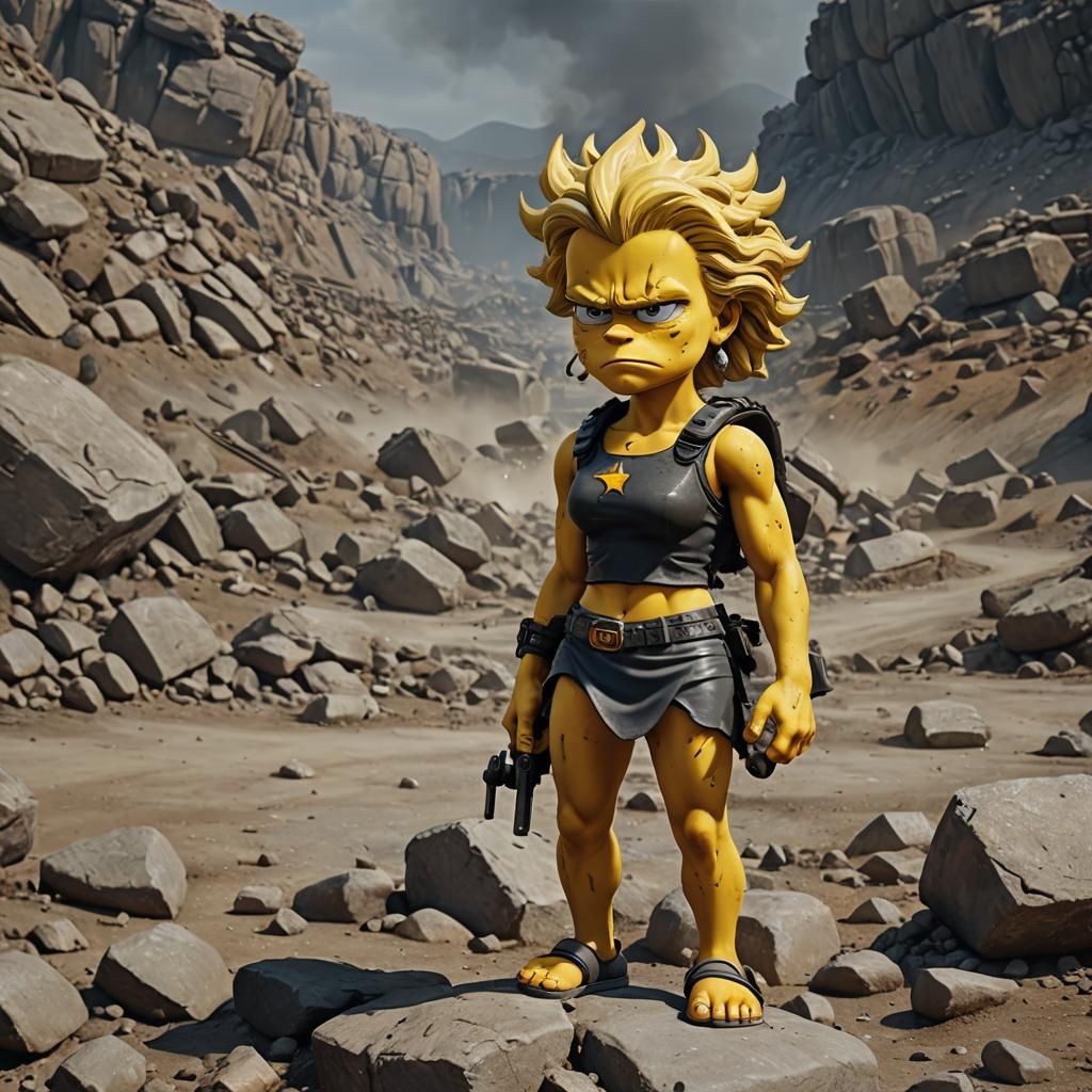 Realistic photo, [She Lisa Simpson Render] with extreme muscular body, turned around with sharp eyes, very detailed faci...