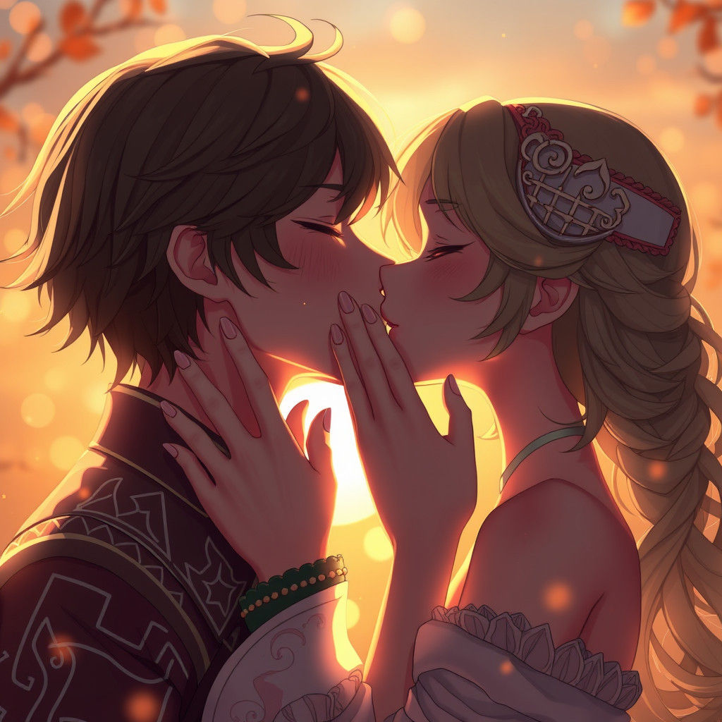 Romantic Kiss in 3D Anime Style with Golden Light