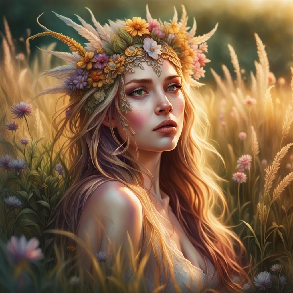 Siren in Meadow with Flower Headdress