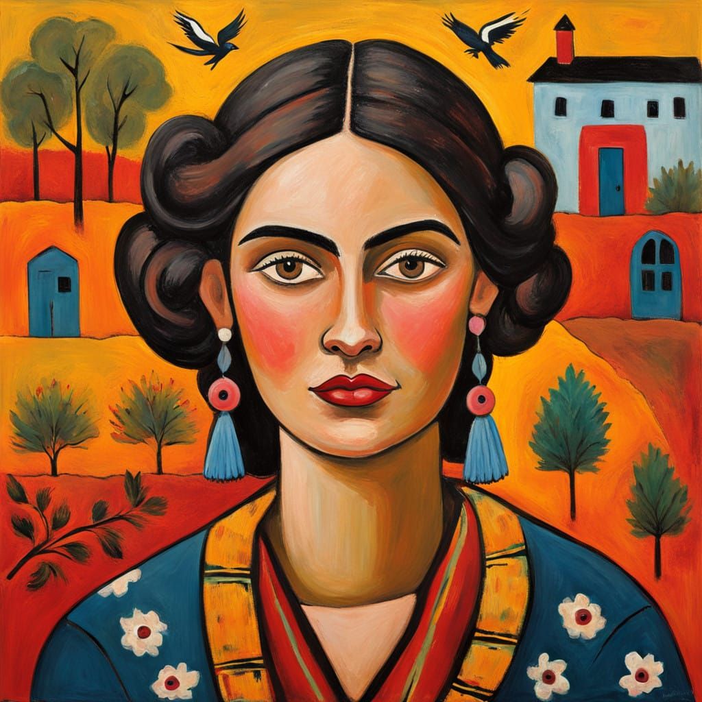 Expressive Folk Art Portrait of a Woman in Warm Earthy Tones