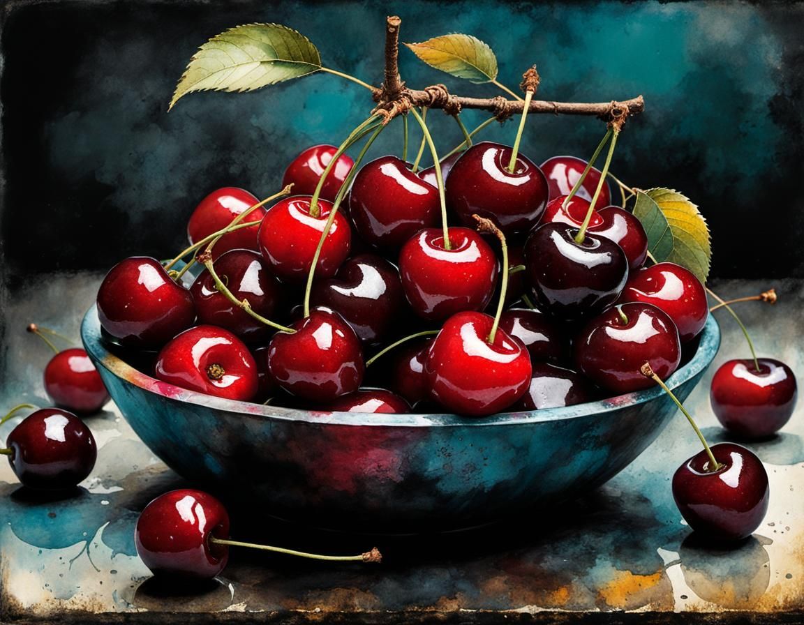 Bowl of Cherries in Gritty Watercolor Style