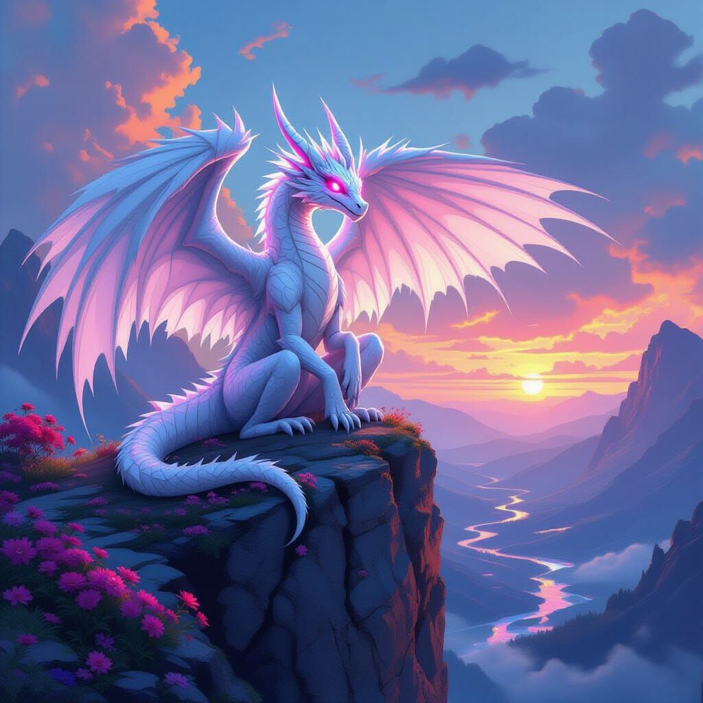 Majestic White Dragon Overlooks Lush Valley