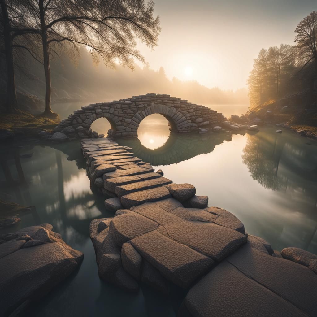 Misty Lake Stone Bridge in Golden Hour
