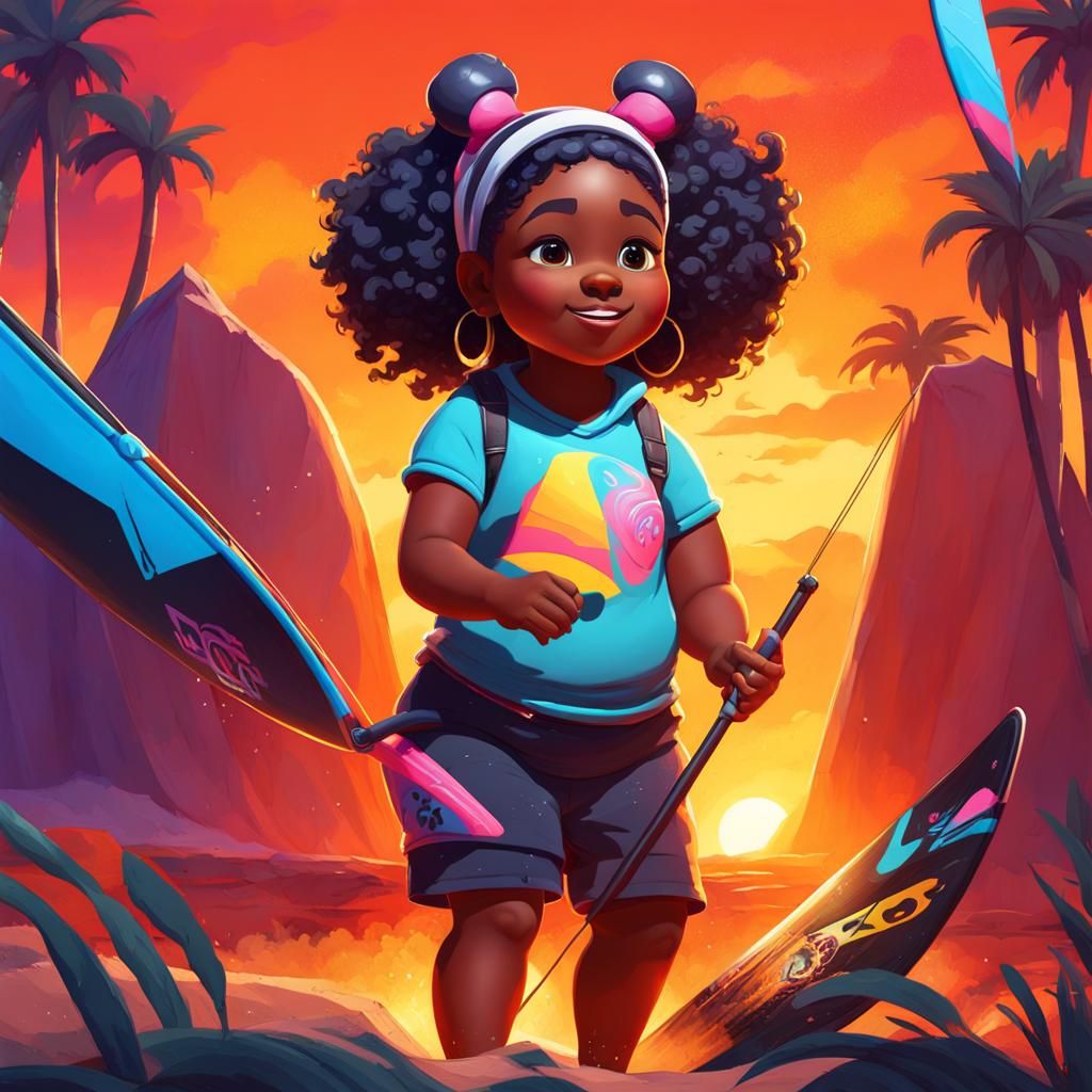 Girl Windsurfing in Desert: Graffiti Art Style