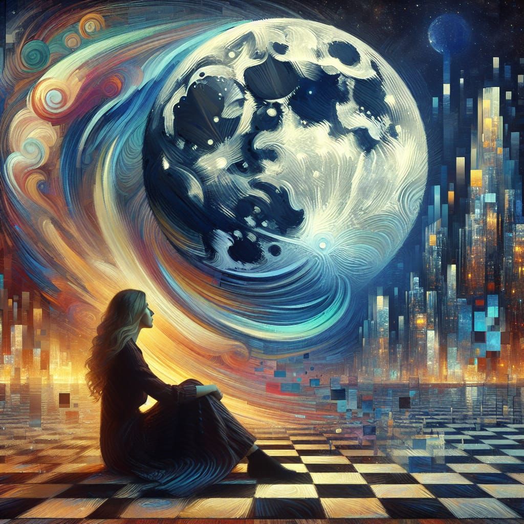 Dreamlike Cityscape: Woman Gazing at Moon