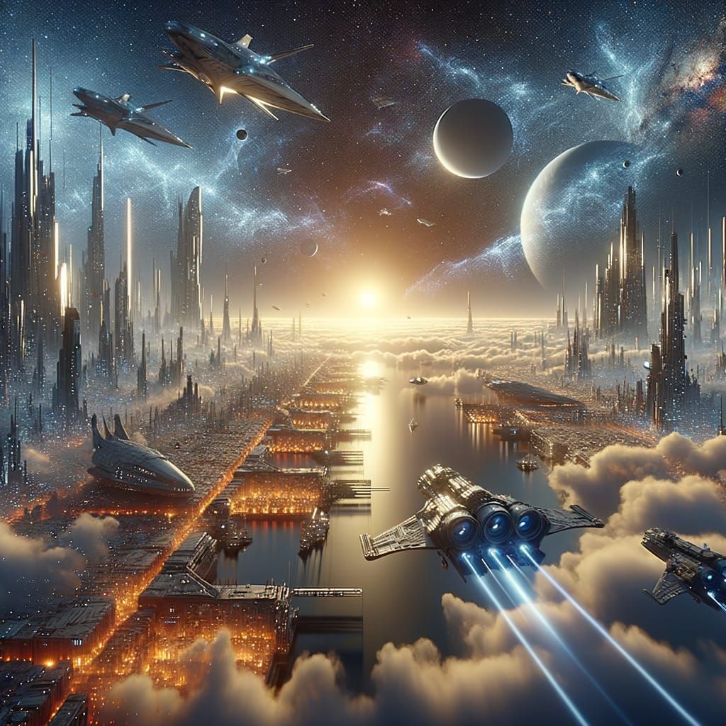 Sci-Fi City Harbor with Diverse Spacecrafts