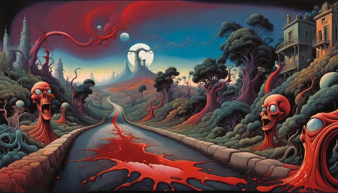 Surreal Road Scene in Magic Realism Style