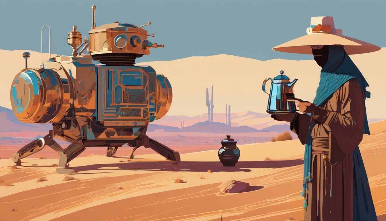 Nomadic Explorer in the Desert with a Droid Companion