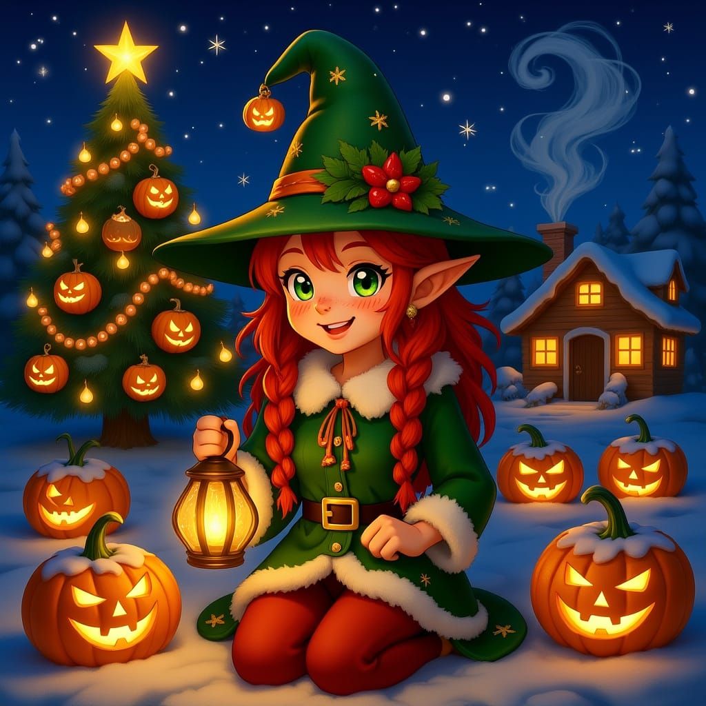 storybook illustration of a pumpkin witch in a snow-covered ...