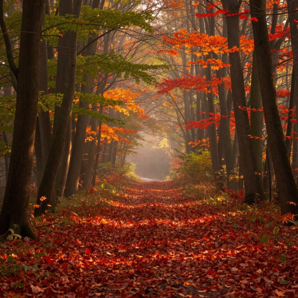 Serene Autumn Forest Path with Golden Light