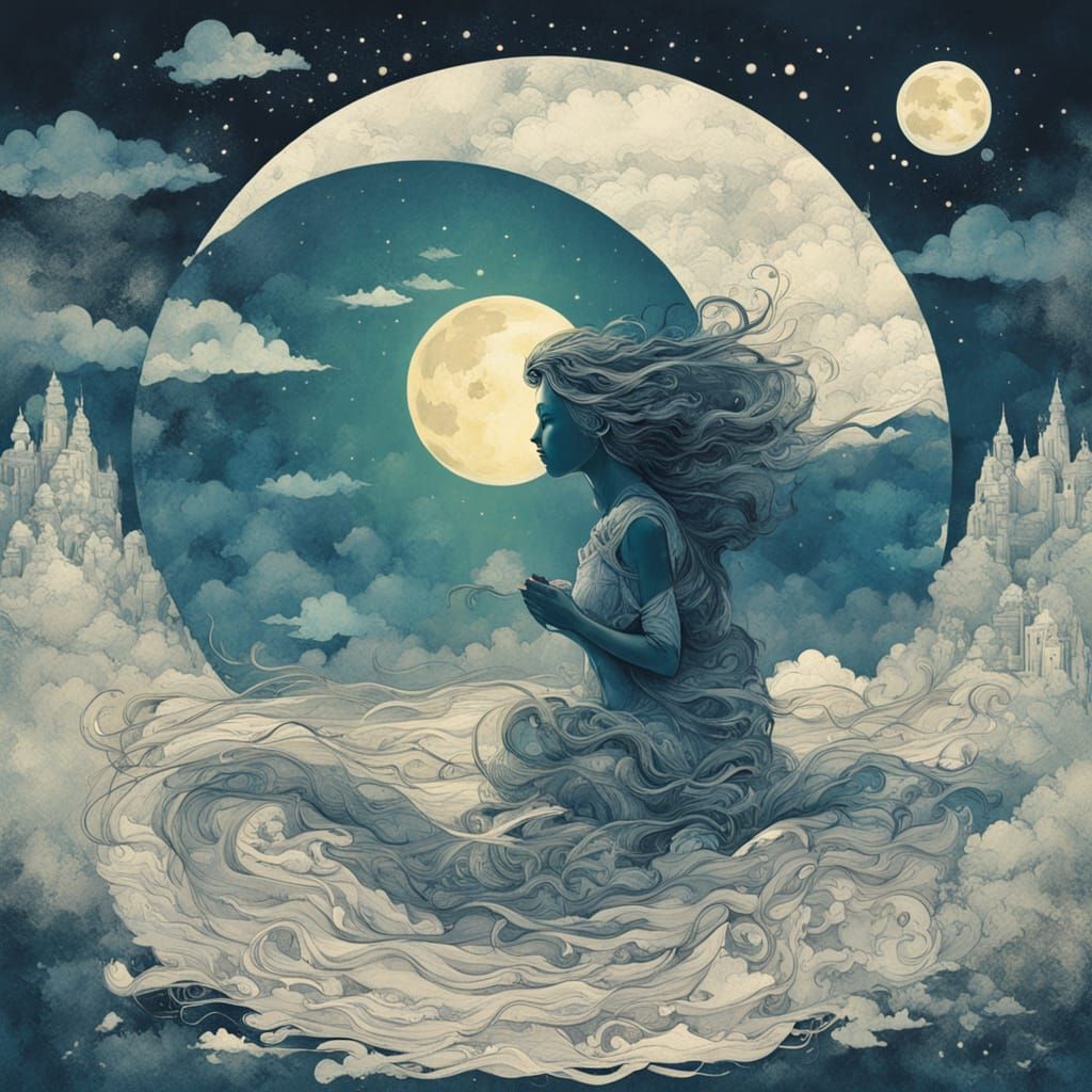 Ethereal Mermaid under the Blue Moonlit Sky