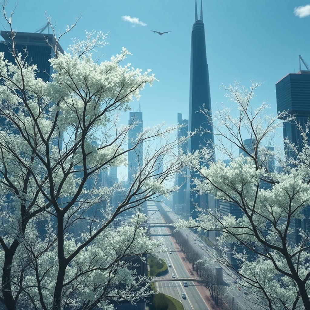 Ethereal Trees Meet Modern City in Splash Art Style
