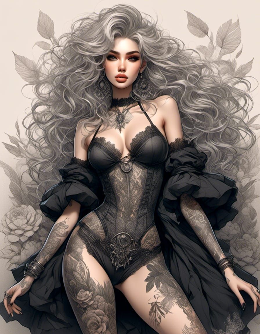Curvy Anime Babe with Tattoos: Hyperdetailed Sketch Portrait